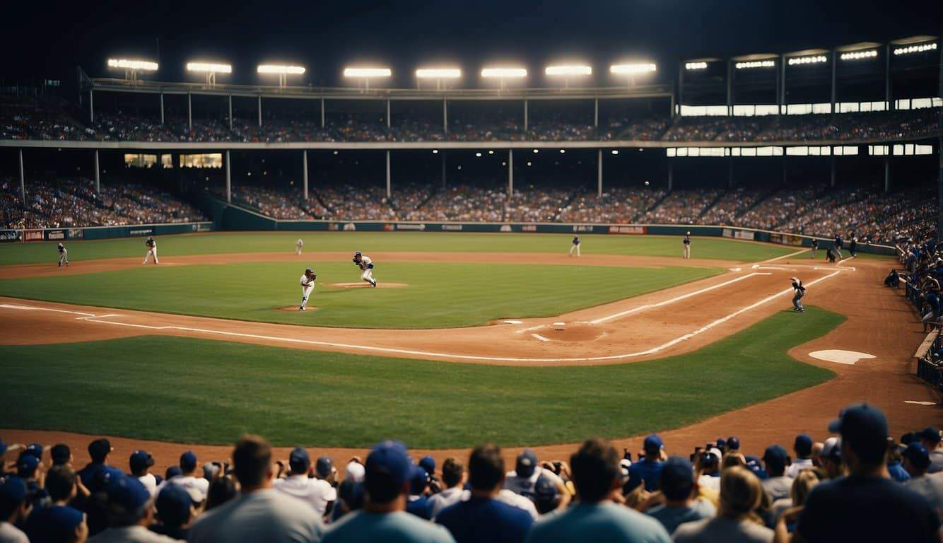 A baseball diamond with players in position, a pitcher winding up, a batter at the plate, and fans cheering in the stands