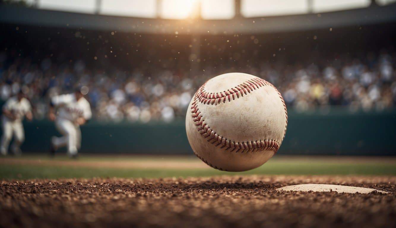 A baseball flying through the air towards a fielder, with the crowd cheering in the background