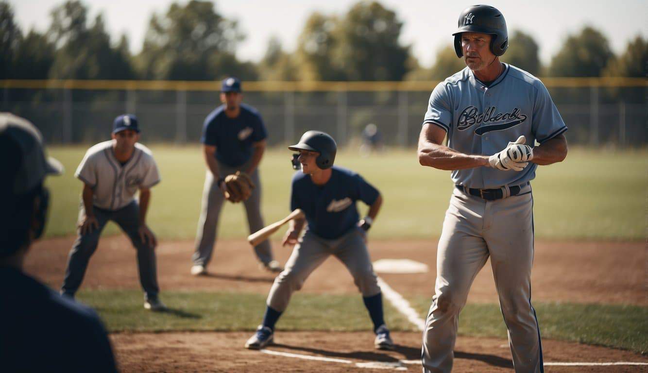 A baseball coach demonstrates proper batting stance and swing technique to a group of players on a sunny field