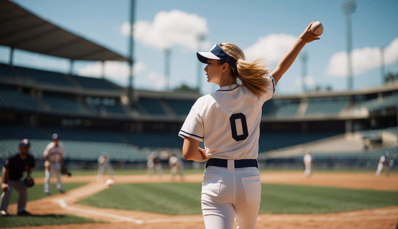 Women playing baseball in a vibrant stadium, with a pitcher winding up for a throw and a batter preparing to swing