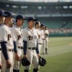 A group of players in baseball uniforms stand on a green field in Germany, with a crowd of spectators cheering in the background