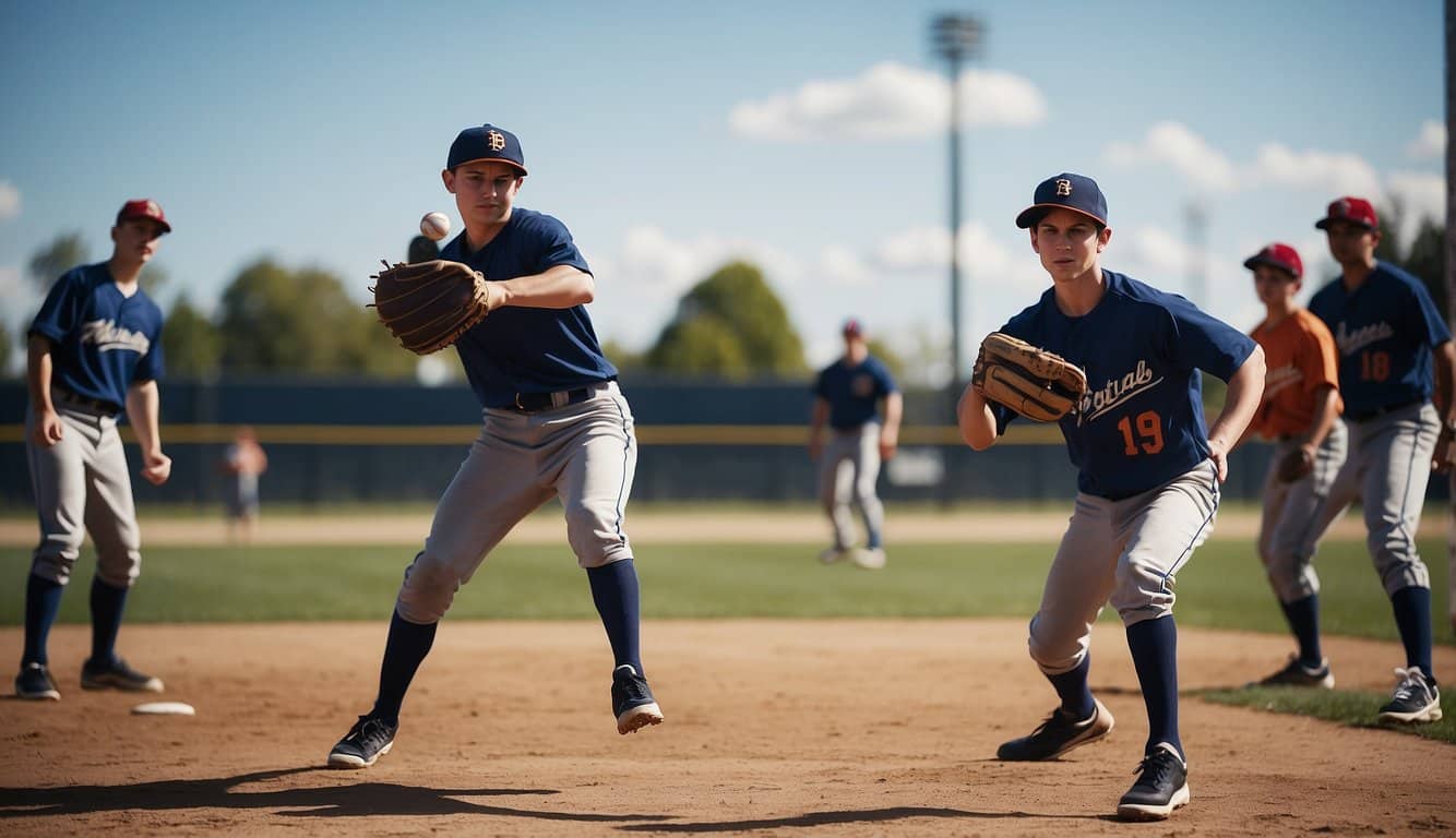 A group of young baseball players practicing fielding and throwing on a sunny day at the baseball field