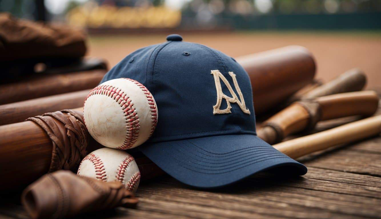 A baseball cap resting on a wooden bat, surrounded by scattered baseballs and a glove