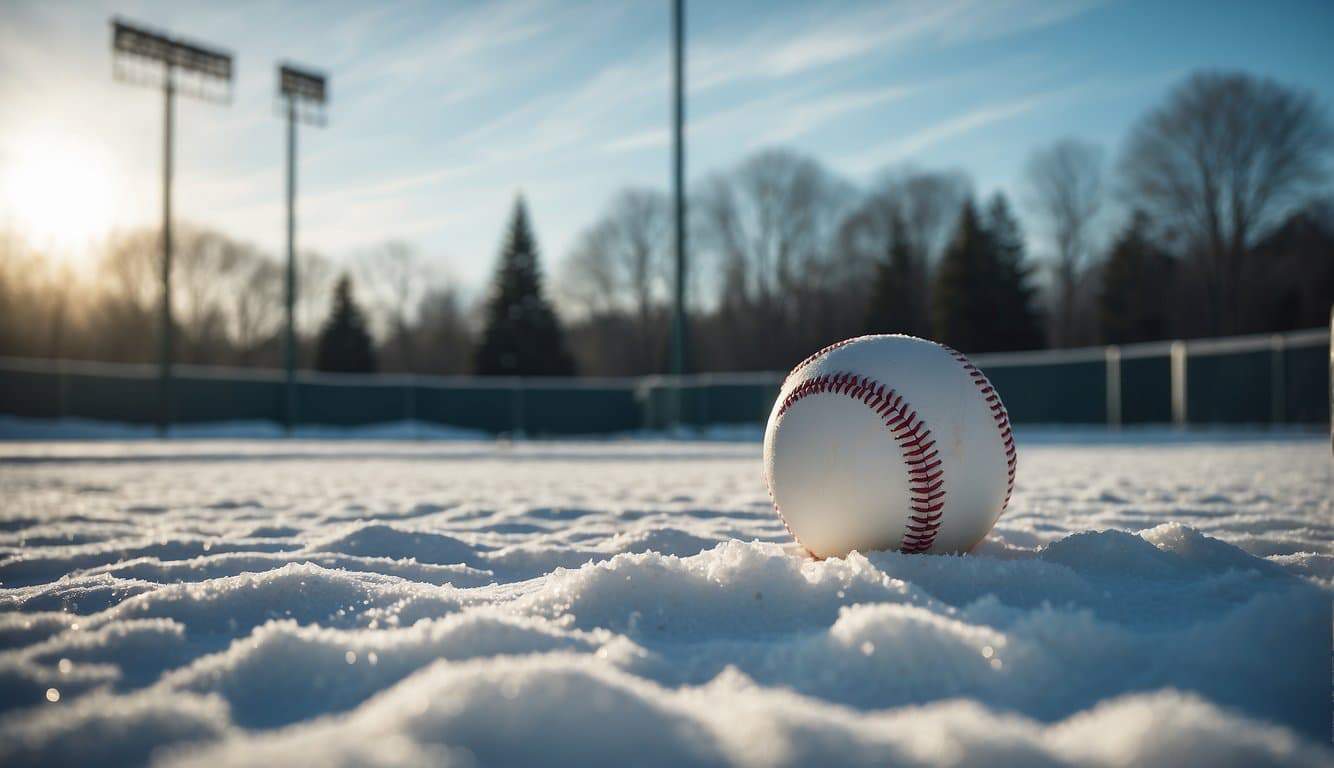 A snow-covered baseball field with empty bleachers, a pitcher's mound, and a lone baseball lying in the snow