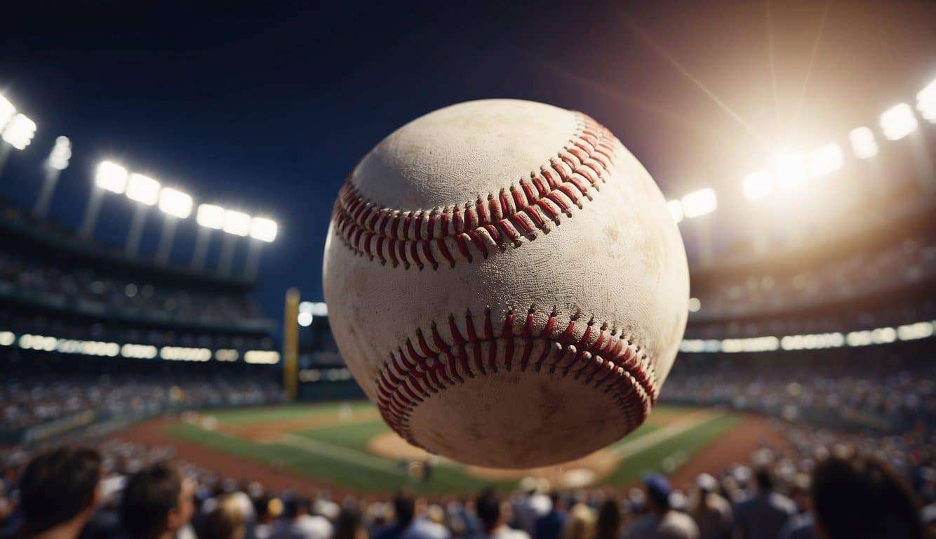 A baseball flying through the air, surrounded by a crowd of cheering fans and stadium lights shining down on the field