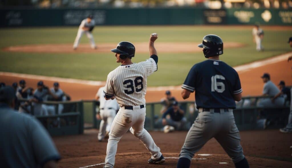 A baseball field with players in position, a pitcher winding up, and a batter ready to swing. The scoreboard shows the current inning and score