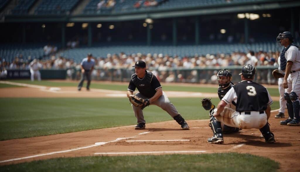 A baseball field with players in position, umpire behind home plate, and fans in the stands, all ready for the game to begin