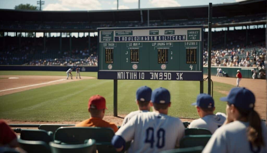 A baseball field with players in different positions, a scoreboard displaying the score, and a coach giving instructions from the dugout