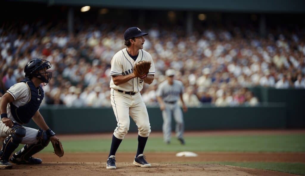 A baseball field with players in position, a pitcher winding up, and a batter ready to swing. The crowd is cheering in the stands