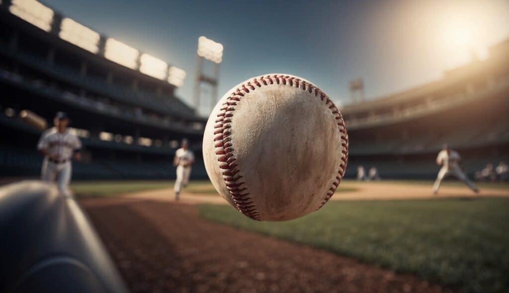 A baseball flying through the air towards a fielder's glove, while other players stand ready in the background