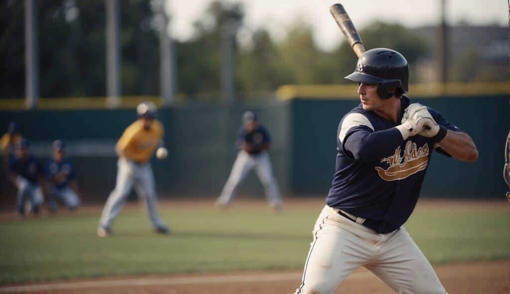 A baseball player swinging a bat, coach giving tips, players practicing fielding and pitching