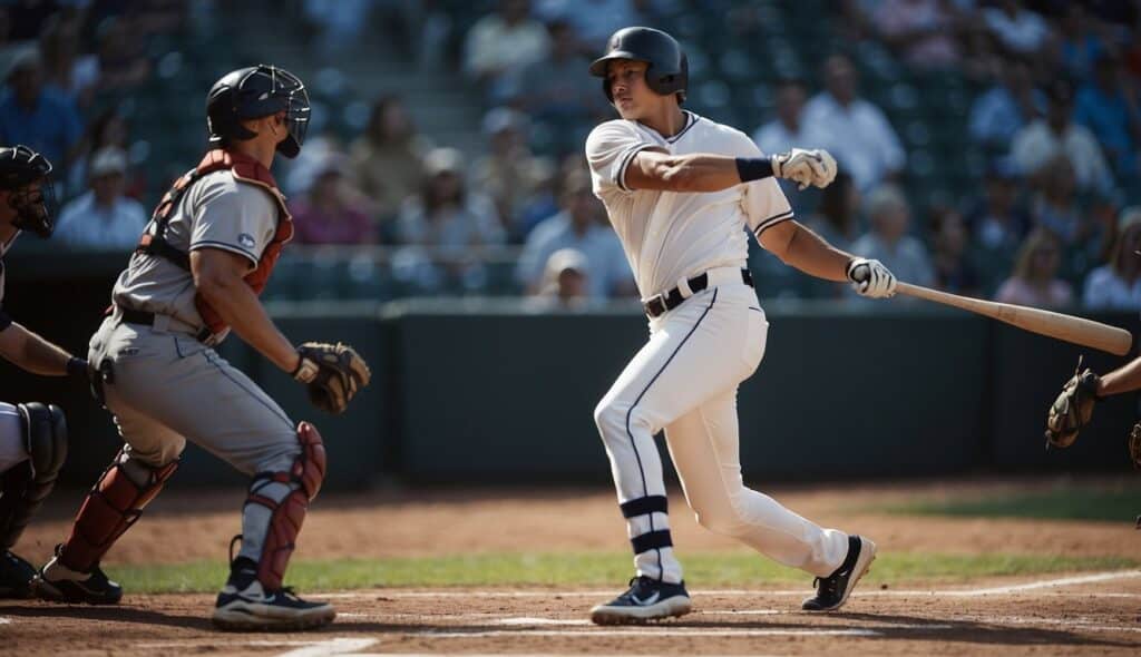 A baseball player swings a bat with precise timing, demonstrating various hitting techniques