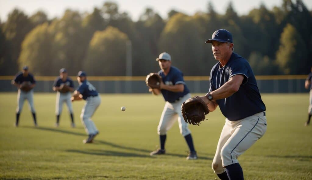 Players practicing baseball throws and fielding in a sunny field with a coach giving tips