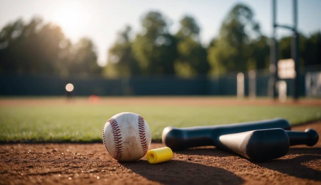 A baseball field with exercise equipment, agility drills, and injury prevention tools set up for off-season training