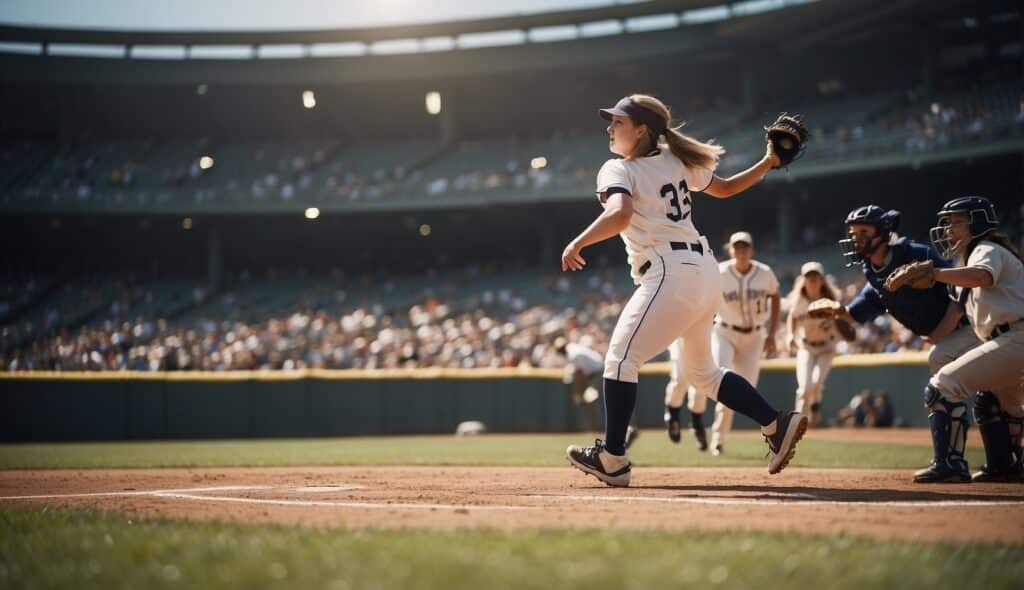 A group of women playing baseball in a stadium, with crowds cheering and players running on the field