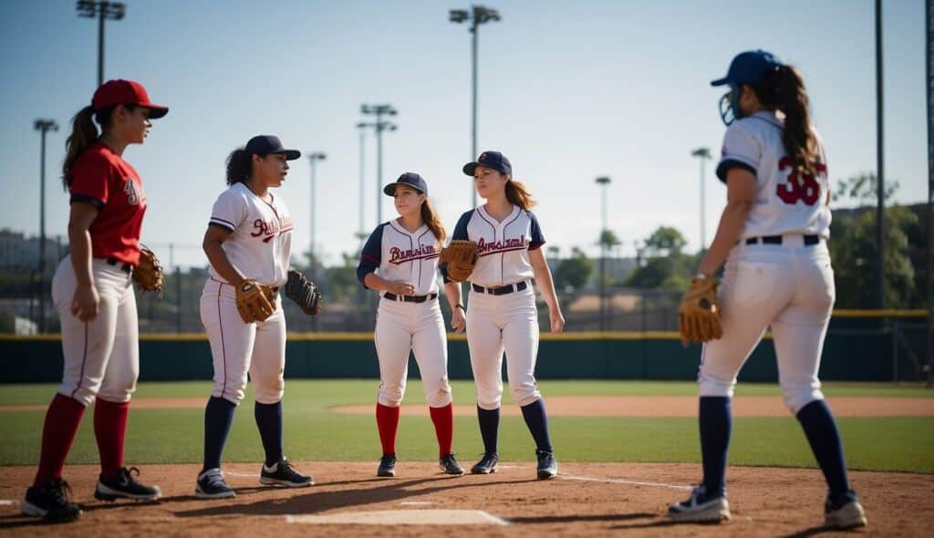 Cultural influence and the future of women in baseball: A diverse group of female players practicing on a vibrant, modern baseball field