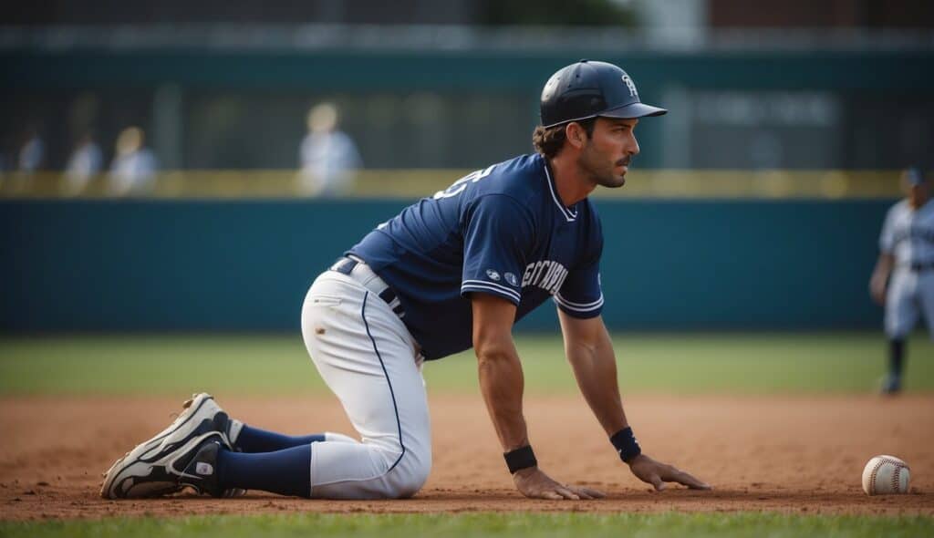 A baseball player practices proper warm-up and stretching techniques to prevent injuries before a game