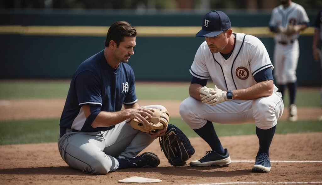 A baseball player receiving first aid for an injury while a coach manages the situation. Preventing baseball injuries