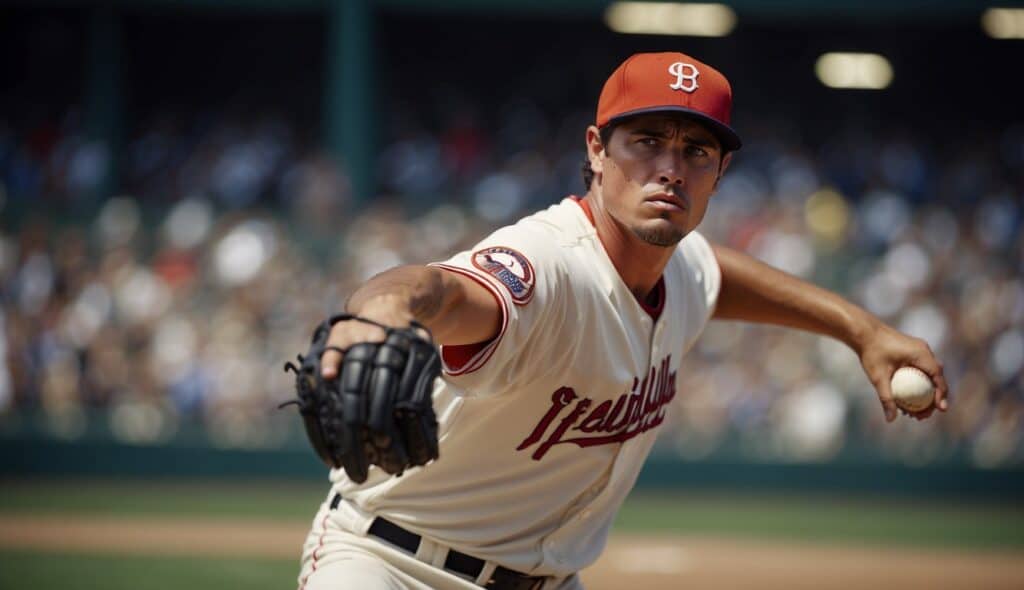 A baseball pitcher winds up, ready to throw a fastball. Focus on the intense concentration in their eyes and the powerful motion of their body