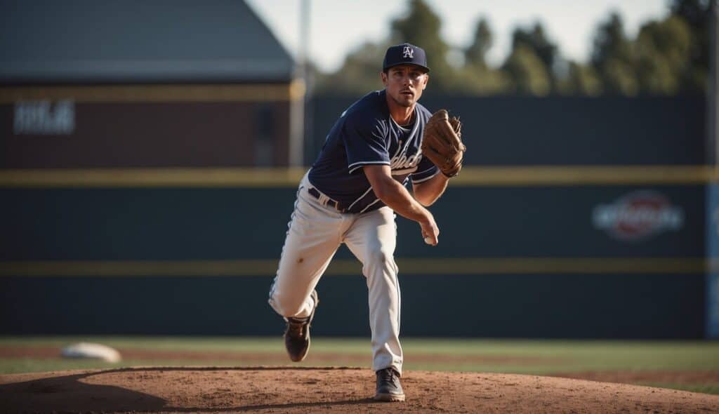 A baseball pitcher winds up, ready to throw a fastball. His focus is intense, his body coiled with potential energy, ready to release the ball with precision and power