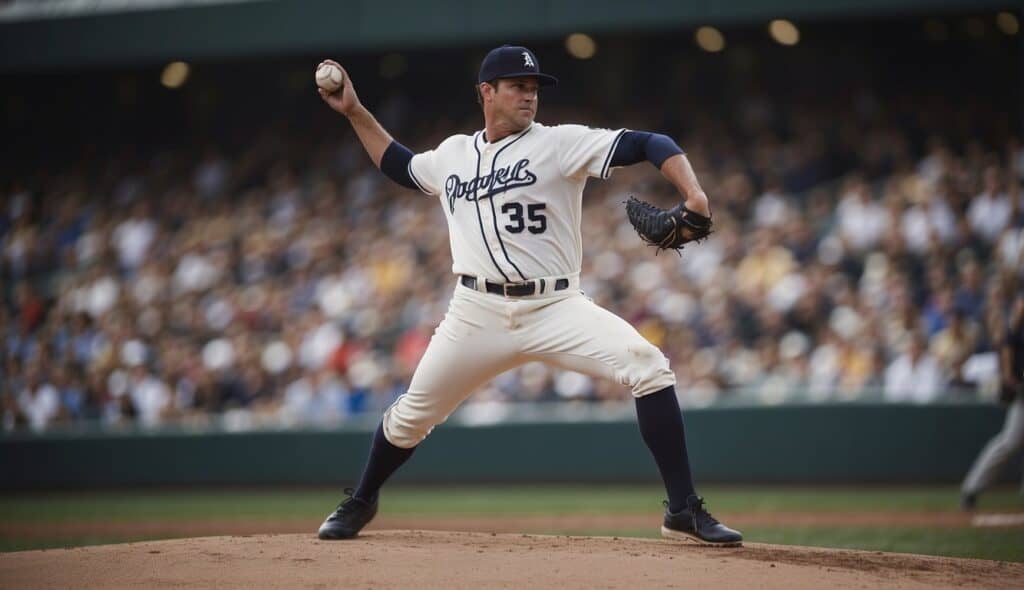 A baseball pitcher winding up to throw a fastball with focus and determination. The crowd cheers in the background as the pitcher prepares to deliver the perfect pitch