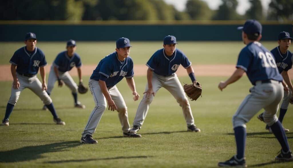 A group of young baseball players practicing fielding, hitting, and pitching on a sunny, green baseball field