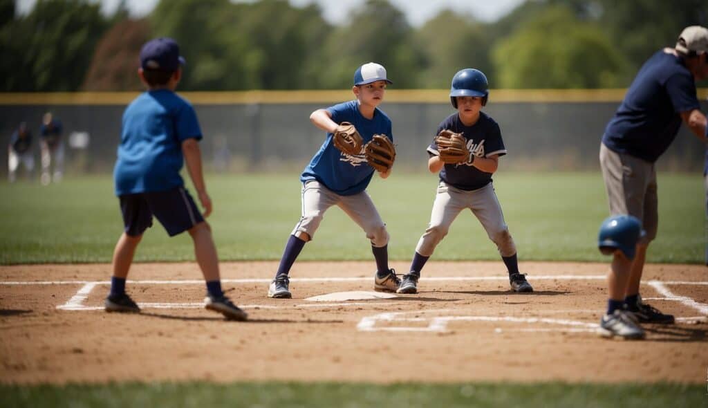 A group of young baseball players practicing drills on a sunny field with coaches watching and providing guidance