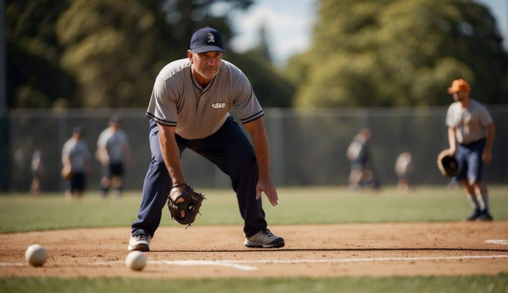 A baseball coach sets up training drills on a sunny field, with cones, bats, and balls scattered around