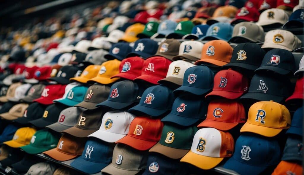 A display of baseball caps through the years, showing the evolution of styles and designs