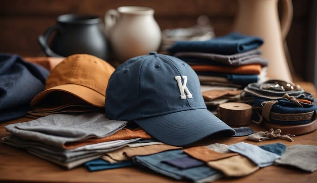 A baseball cap placed on a wooden table, surrounded by various fabric swatches, sewing materials, and a sketchbook with design ideas